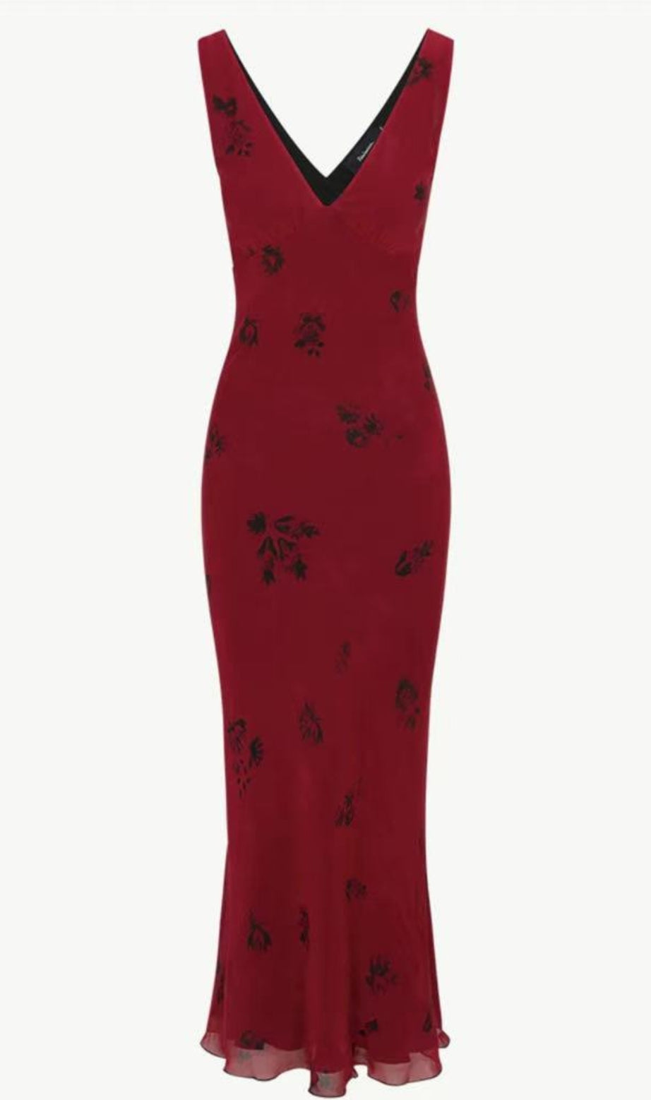 Abito lungo bordeaux aderente con scollo a V e fianchi aderenti
