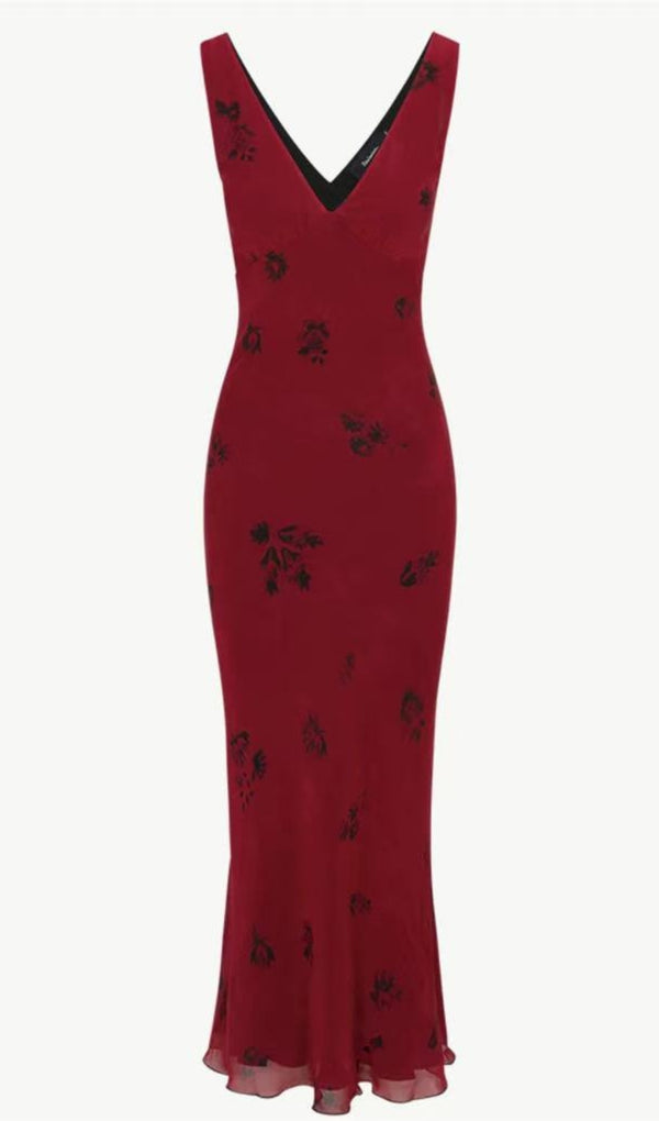 V-neck slim-fit hip-hugging burgundy maxi dress