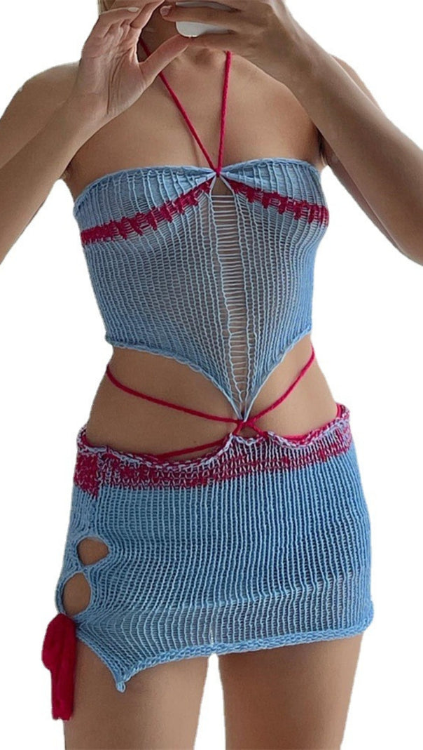 AIIZIE BLUE COLOR - BLOCKED BUSTIER KNITTED SET - product image