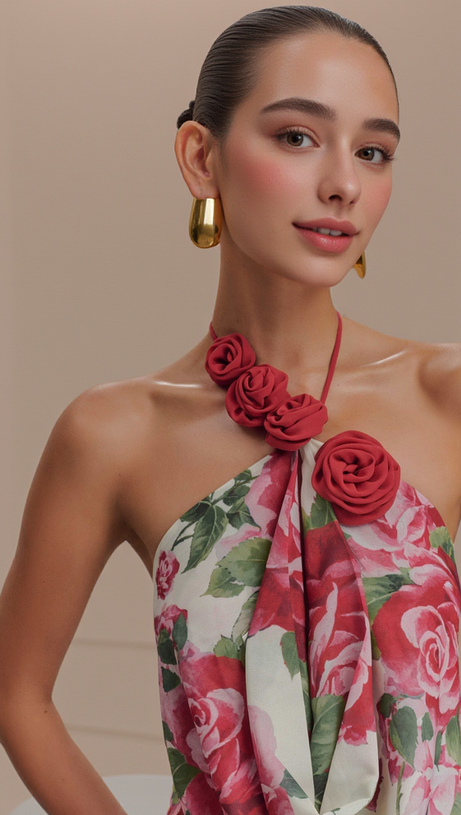 MULTICOLOR FLORAL HALTERNECK HIGH COLLAR MAXI DRESS