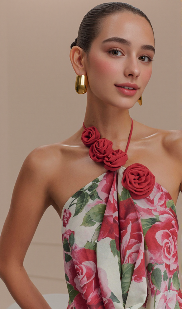 AIIZIE MULTICOLOR FLORAL HALTERNECK HIGH COLLAR MAXI DRESS - product image