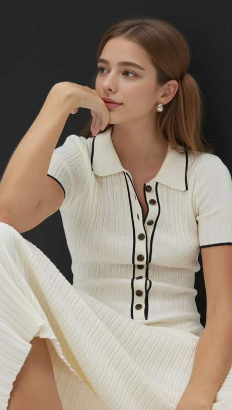 Schlichtes weißes Maxikleid aus Strick mit halber Knopfleiste und Revers