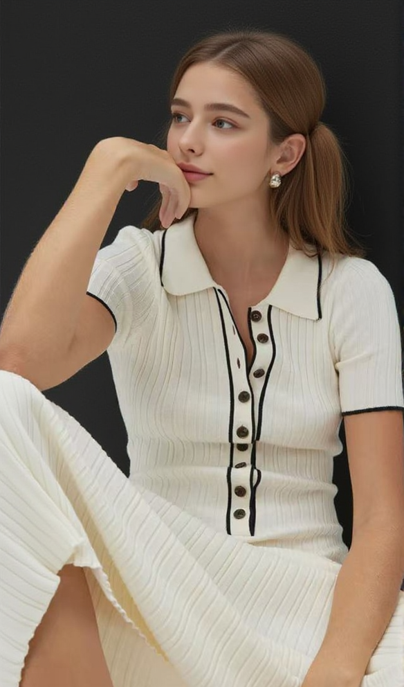 AIIZIE SIMPLE WHITE LAPEL HALF-BUTTON KNITTED MAXI DRESS - product image
