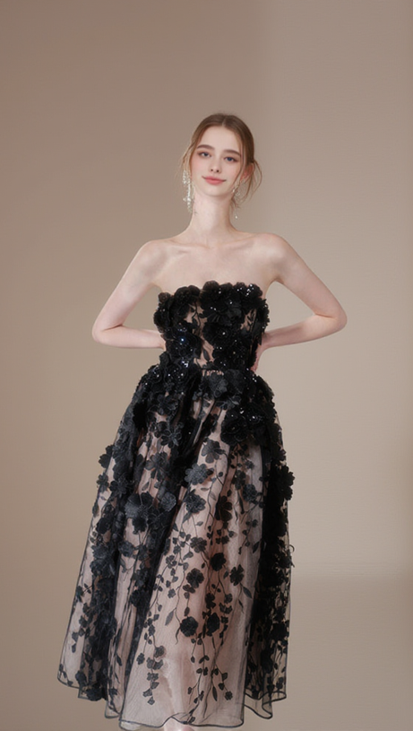 ANNA CRYSTAL FLORAL EMBROIDERY MIDI DRESS IN BLACK