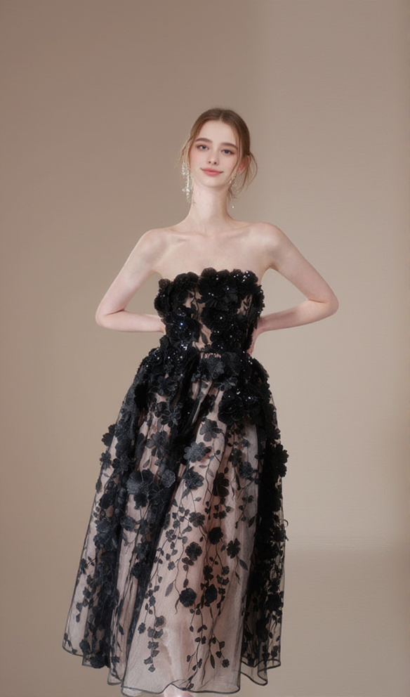 ANNA CRYSTAL FLORAL EMBROIDERY MIDI DRESS IN BLACK