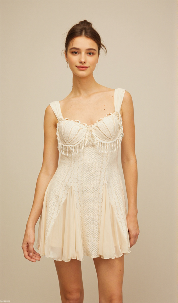 AIIZIE ATALANTA EMBELLISHED FLARED MINI DRESS IN CREAM-WHITE - product image