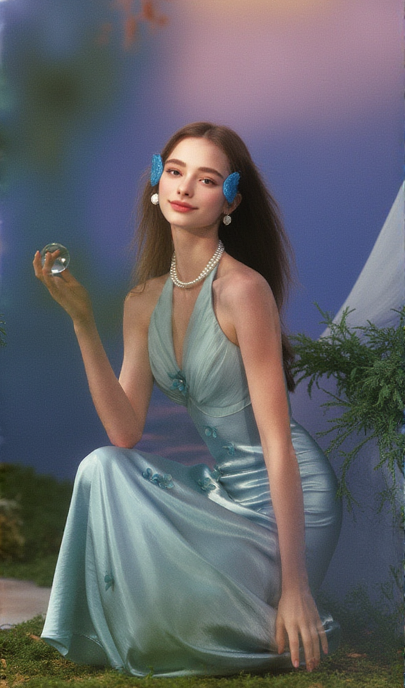 AIIZIE BUTTERFLY PRINCESS HALTER MIDI DRESS IN LIGHT BLUE - product image