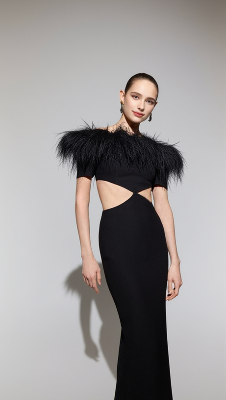 OFF-SHOULDER FEATHER PANEL BLACK DRESS