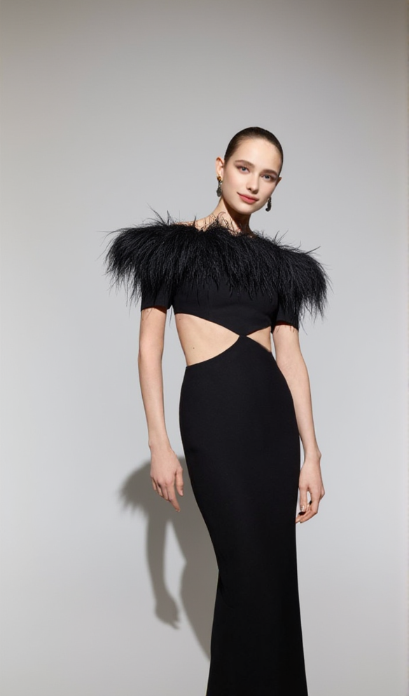 OFF-SHOULDER FEATHER PANEL BLACK DRESS