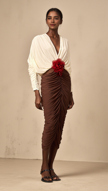 LONG SLEEVE TWO-TONE PLEATED MIDI DRESS IN BROWN