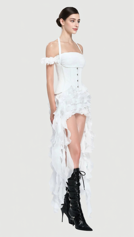 ELVA MINI ABITO CON SCOLLO A V, FIORI TRIDIMENSIONALI E NAPPE IRREGOLARI IN BIANCO