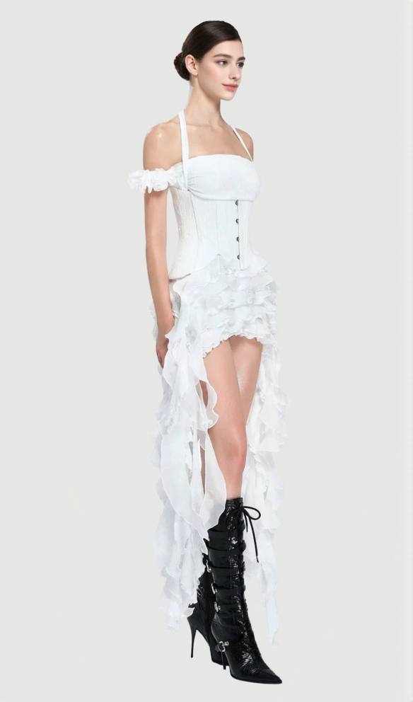 AIIZIE ELVA HALTER THREE-DIMENSIONAL FLOWER IRREGULAR TASSEL MINI DRESS IN WHITE - product image