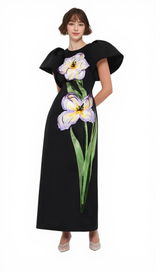 Iris Print Appliqué Floral Maxi Dress in Ebony