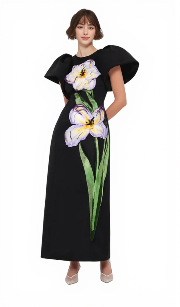Iris Print Appliqué Floral Maxi Dress in Ebony