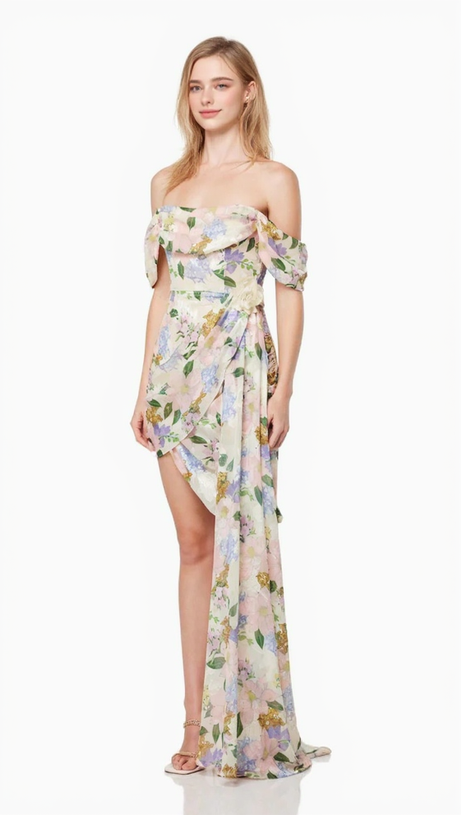 Asymmetrisches Minikleid mit Blumenmuster und schulterfreiem Schnitt