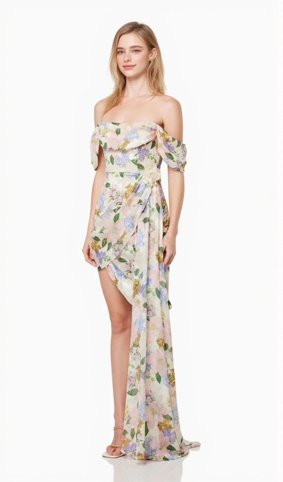 AIIZIE OFF-SHOULDER FLORAL PRINTED ASYMMETRIC MINI DRESS - product image