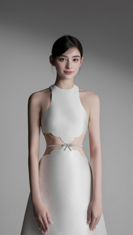 Anila – Midikleid mit Perlenkettenverzierung in Aprikose