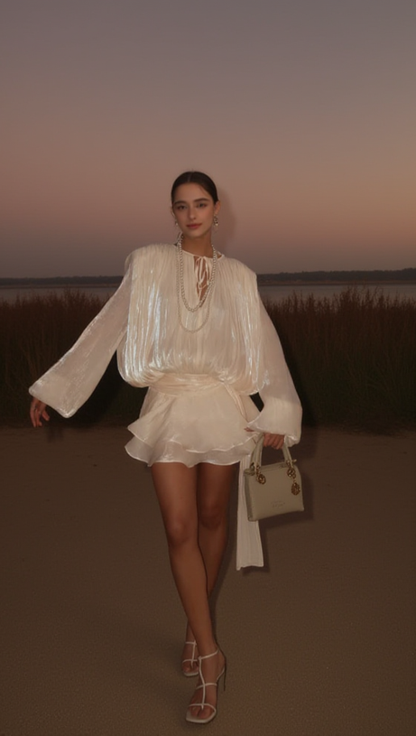 Aprikosenfarbenes, langärmliges Minikleid mit Schleife 