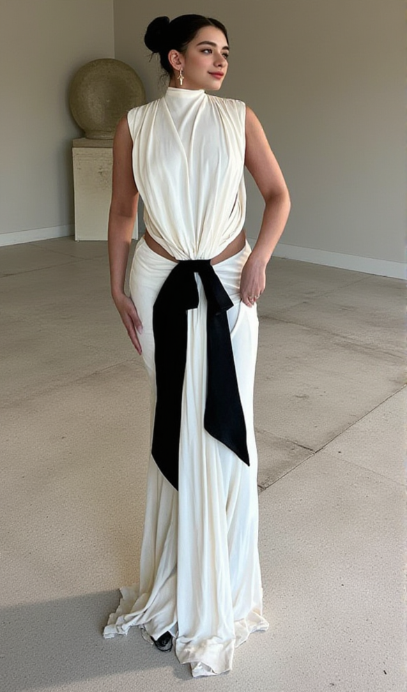 BERNICE BOW PATCH CUT BACKLESS MAXI DRESS IN WHITE