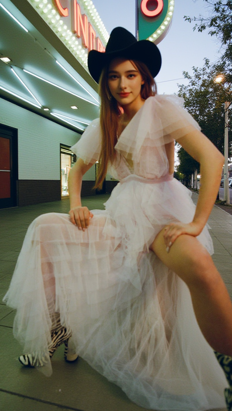 Rüschentüll über einem Minikleid aus geblümter Spitze in Rosa 