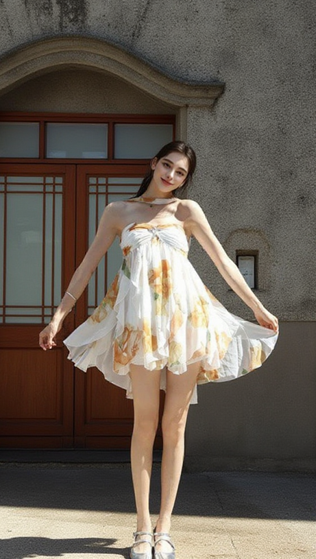 ABITO CORTO CON SCOLLO A V E SCHIENA SENZA COLLO A FLOREALE KATHERINE