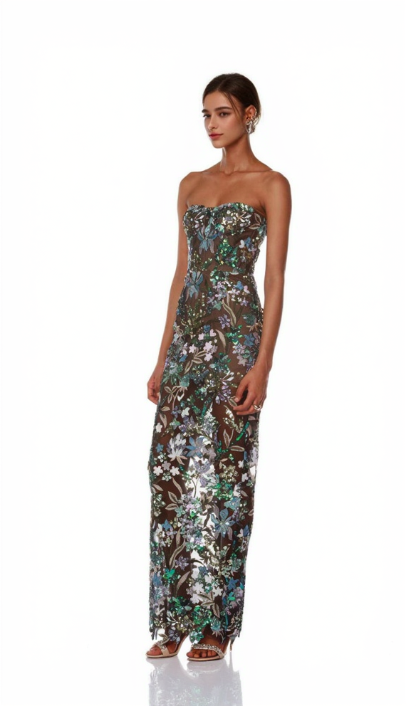 AIIZIE STRAPLESS DAHLIA SEQUINS EMBROIDERED MAXI DRESS GREEN - product image