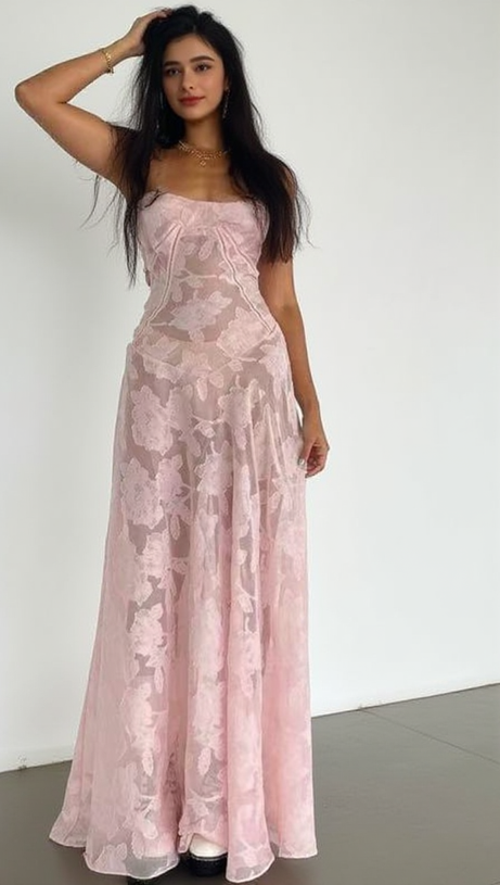 Sling-Maxikleid mit 3D-Blumenmuster in Rosa 