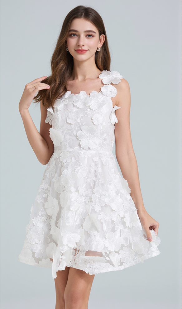 georgia 3d Floral Lace mini Dress in white