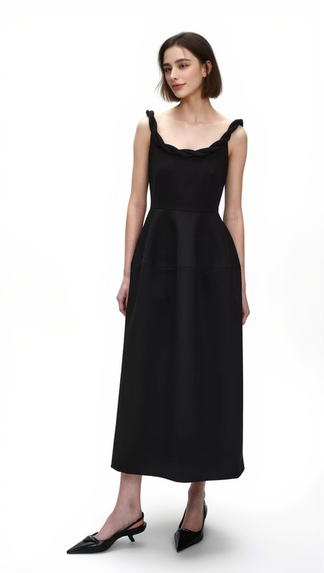 ABITO MIDI MONICA CON SPALLINE INTRECCIATE IN NERO