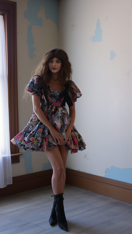 BASIA FLORAL PRINT RUFFLE TRIM HEM PUFF MINI DRESS