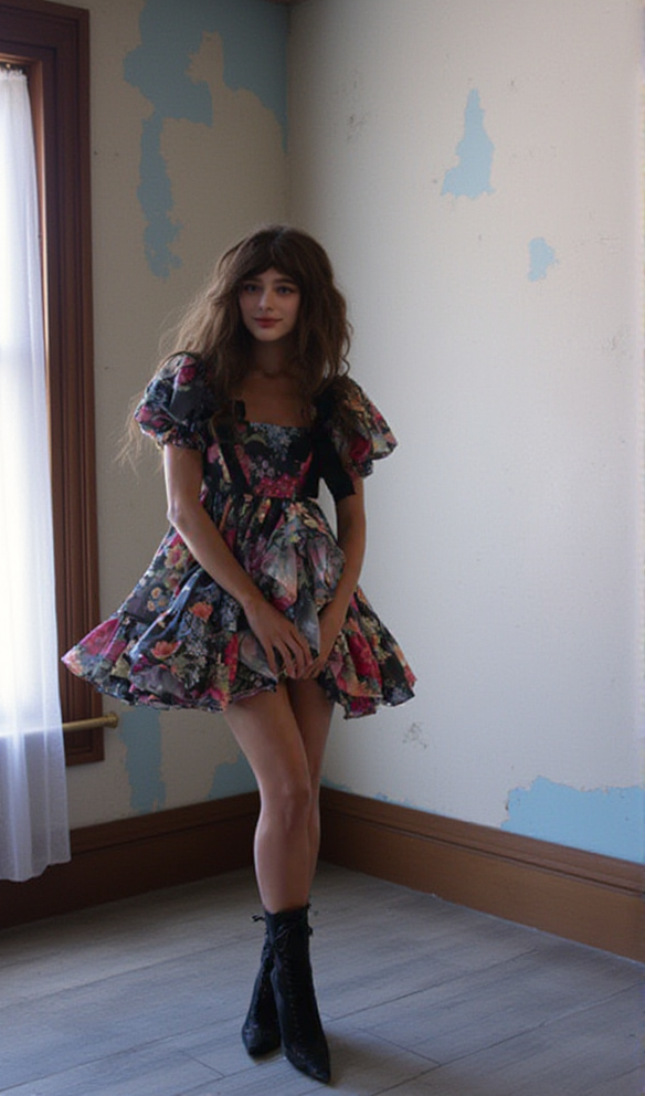 AIIZIE BASIA FLORAL PRINT RUFFLE TRIM HEM PUFF MINI DRESS - product image