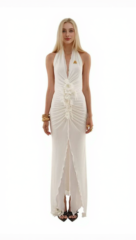 GONNA LUNGA SEXY SENZA MANICHE CON SPACCO ALTO E FIORI TRIDIMENSIONALI