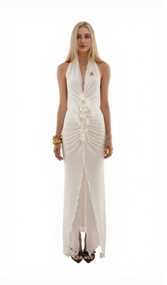 GONNA LUNGA SEXY SENZA MANICHE CON SPACCO ALTO E FIORI TRIDIMENSIONALI