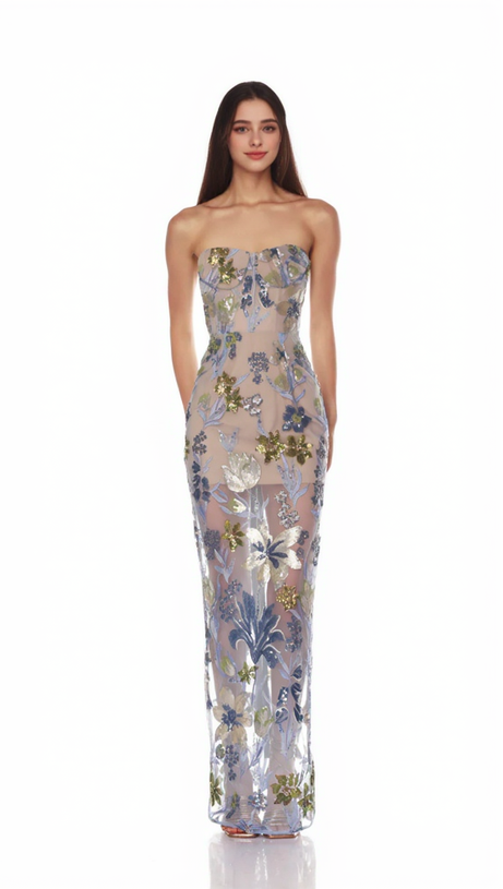 OFF-SHOULDER WITH 3D MESH EMBROIDERED SEQUINS MAXI DRESS WHITE