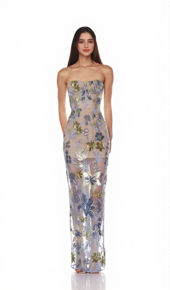 OFF-SHOULDER WITH 3D MESH EMBROIDERED SEQUINS MAXI DRESS WHITE