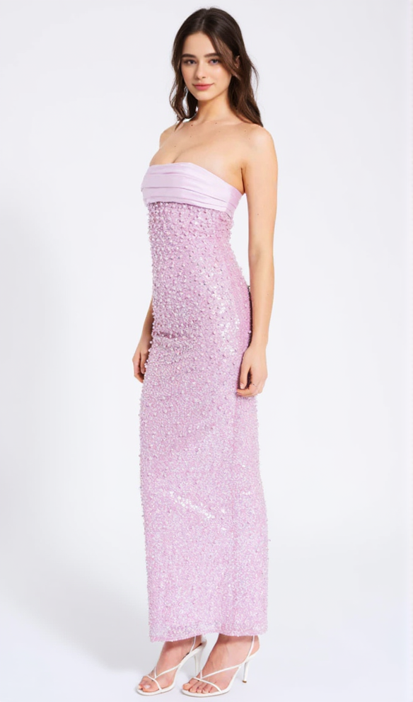 PINK SATIN SEQUIN PEARLS BEADED MAXI DRESS