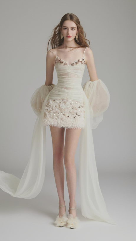 MINI ABITO IN ORGANZA CON PAILLETTES BIANCO