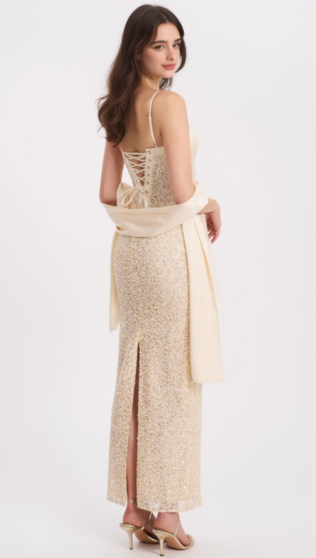 RAIZEL GOLD BEADED SEQUIN BODYCON GOWN WITH SCARF MAXI DRESS
