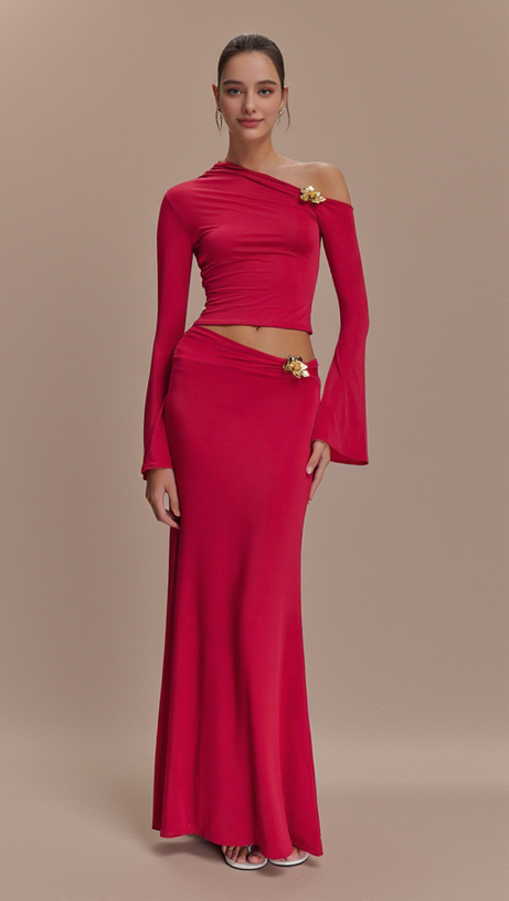 SLANT COLLAR HIGH WAIST SLIM LONG SKIRT RED SUIT
