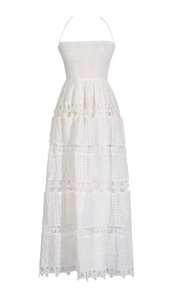 Halter neck elastic chest lace patchwork  maxi dress in white