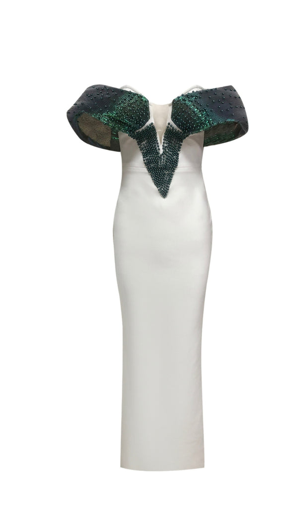 AIIZIE OFF-SHOULDER PEARL EMBELLISHED BODYCON MAXI DRESS IN GREEN - product image
