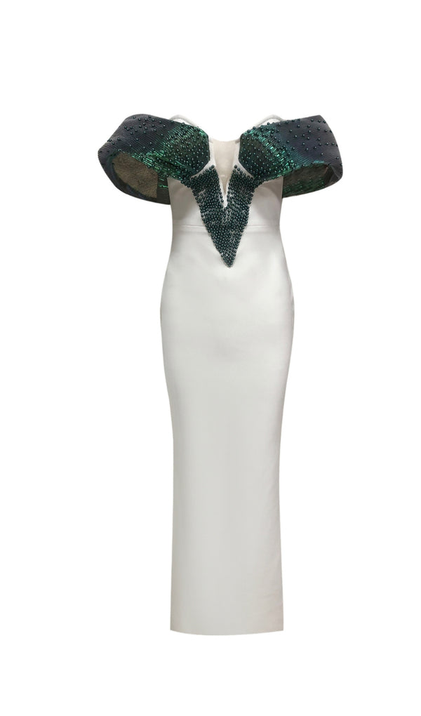 Off-Shoulder pearl embellished bodycon maxi dress in green