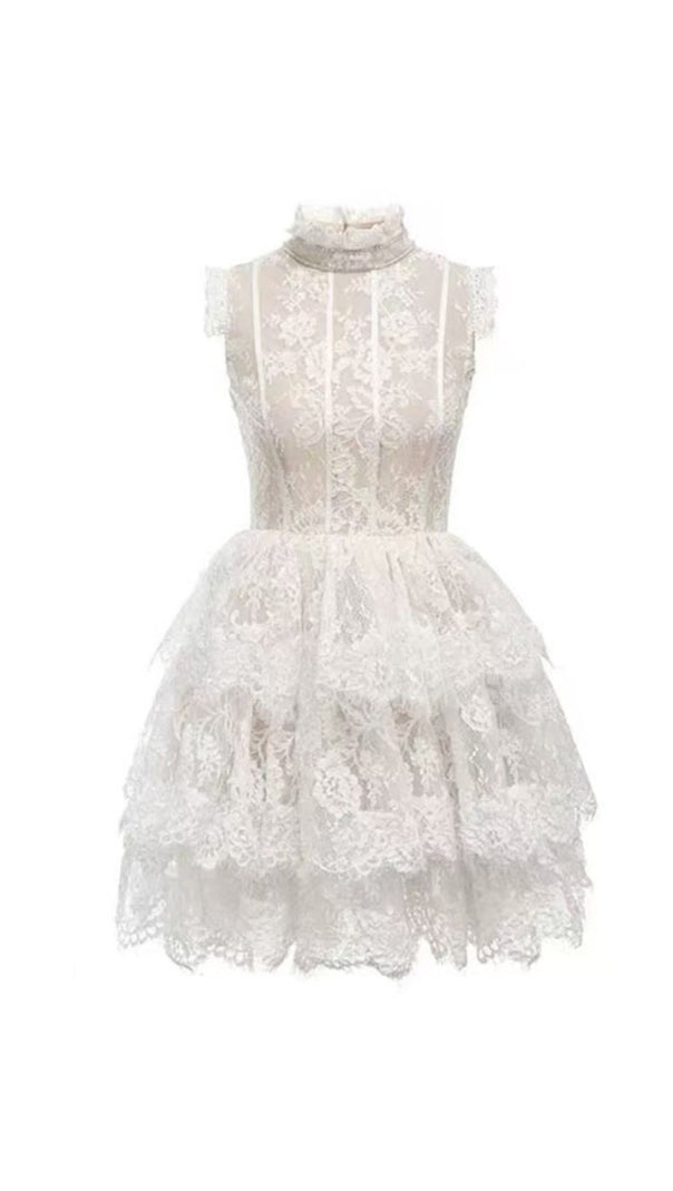 AIIZIE SLEEVELESS STAND COLLAR LACE TUTU MINI DRESS IN WHITE - product image