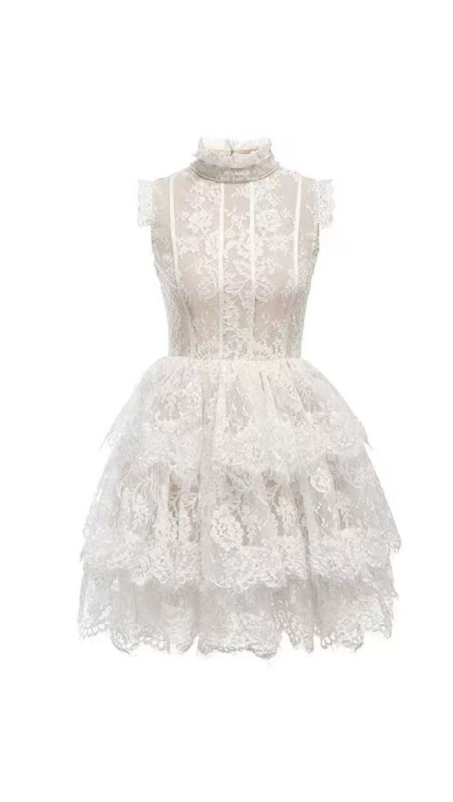 Ärmelloses Tutu-Minikleid aus Spitze mit Stehkragen in Weiß