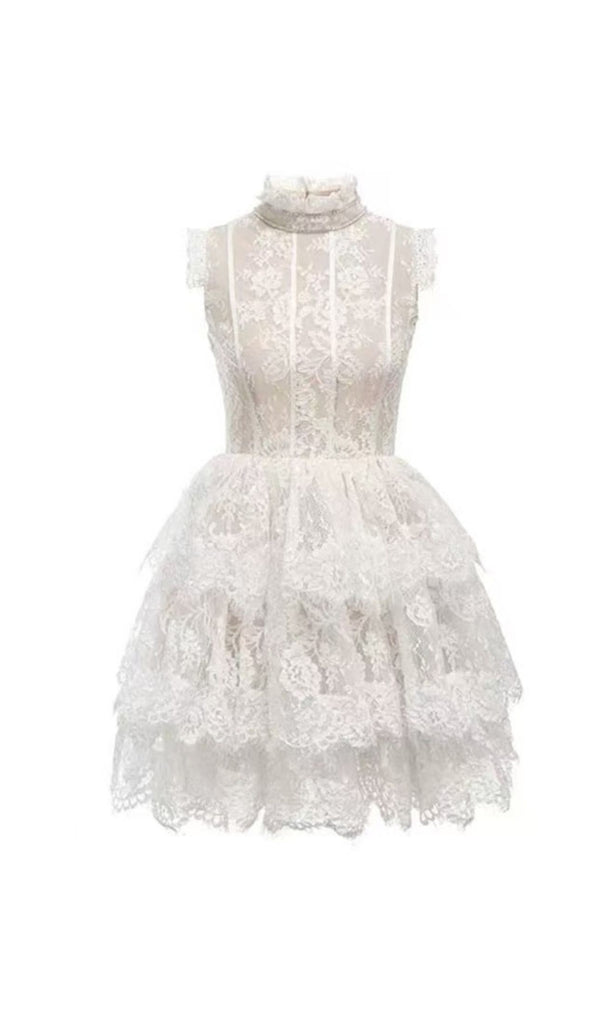 Sleeveless Stand Collar Lace Tutu mini dress in white