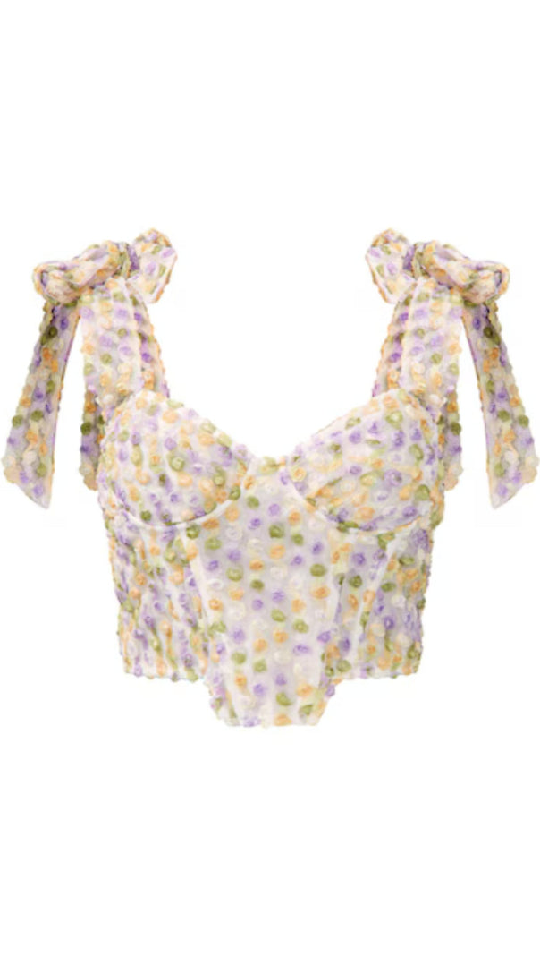 AIIZIE WHITE TEXTURED FLORAL BOW STRAP CROP TOP - product image