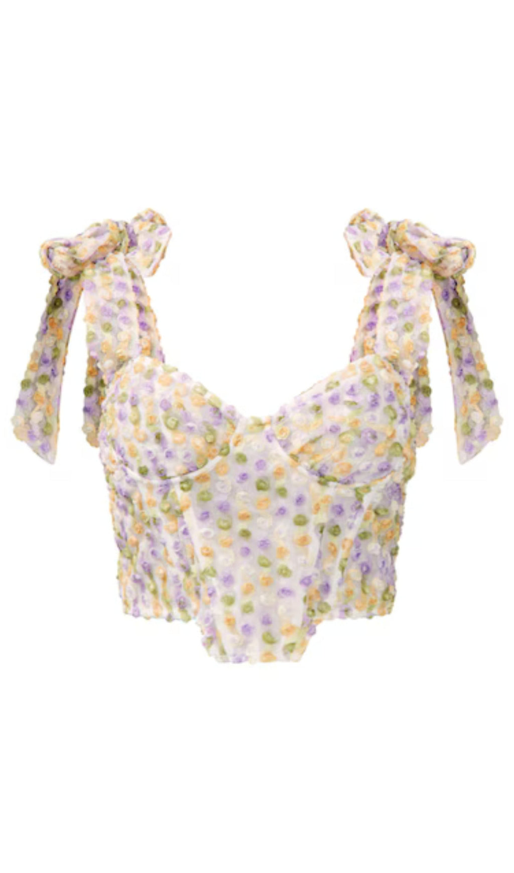 WHITE TEXTURED FLORAL BOW STRAP CROP TOP