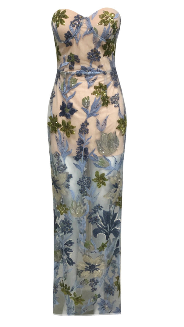 AIIZIE OFF-SHOULDER WITH 3D MESH EMBROIDERED SEQUINS MAXI DRESS WHITE - product image