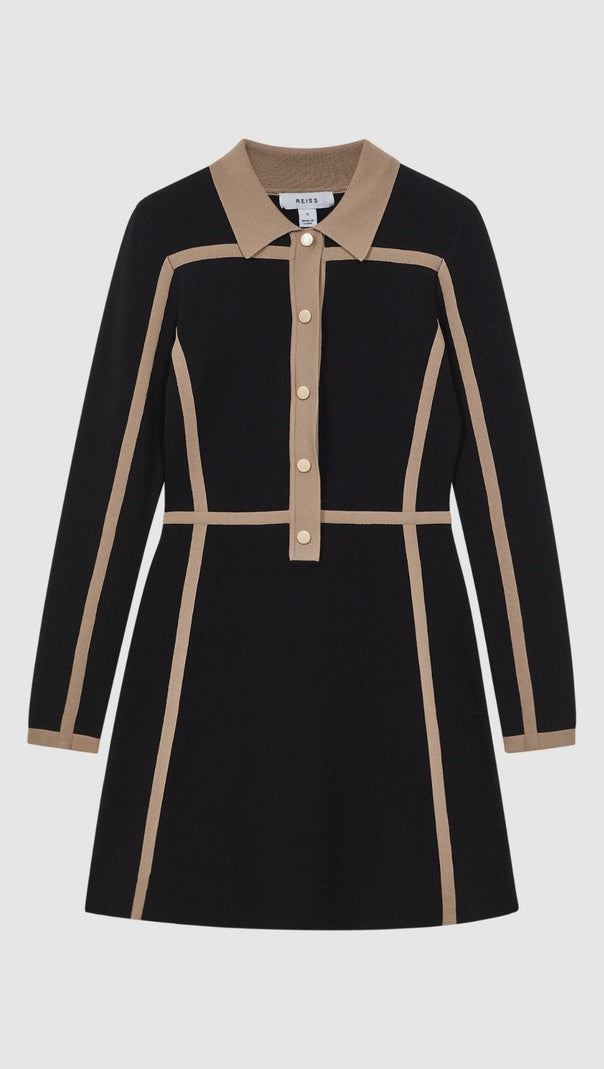 AIIZIE CONTRAST TRIM PRESS-STUD MINI DRESS IN BLACK/CAMEL - product image