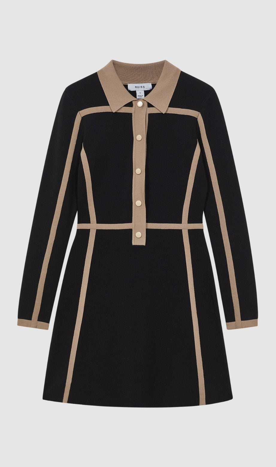 Contrast Trim Press-Stud Mini Dress in Black/Camel